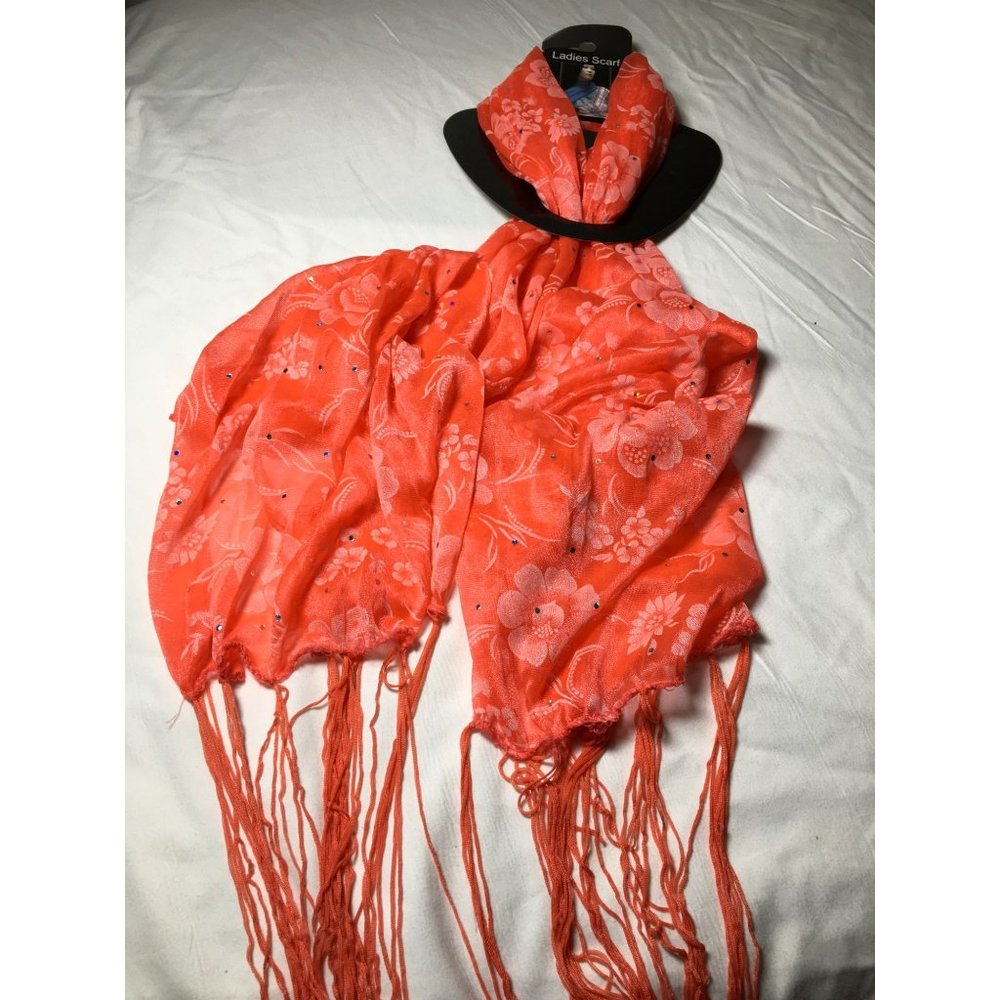 Coral Floral Pattern Brand New Designer Women's Scarf with Tassels